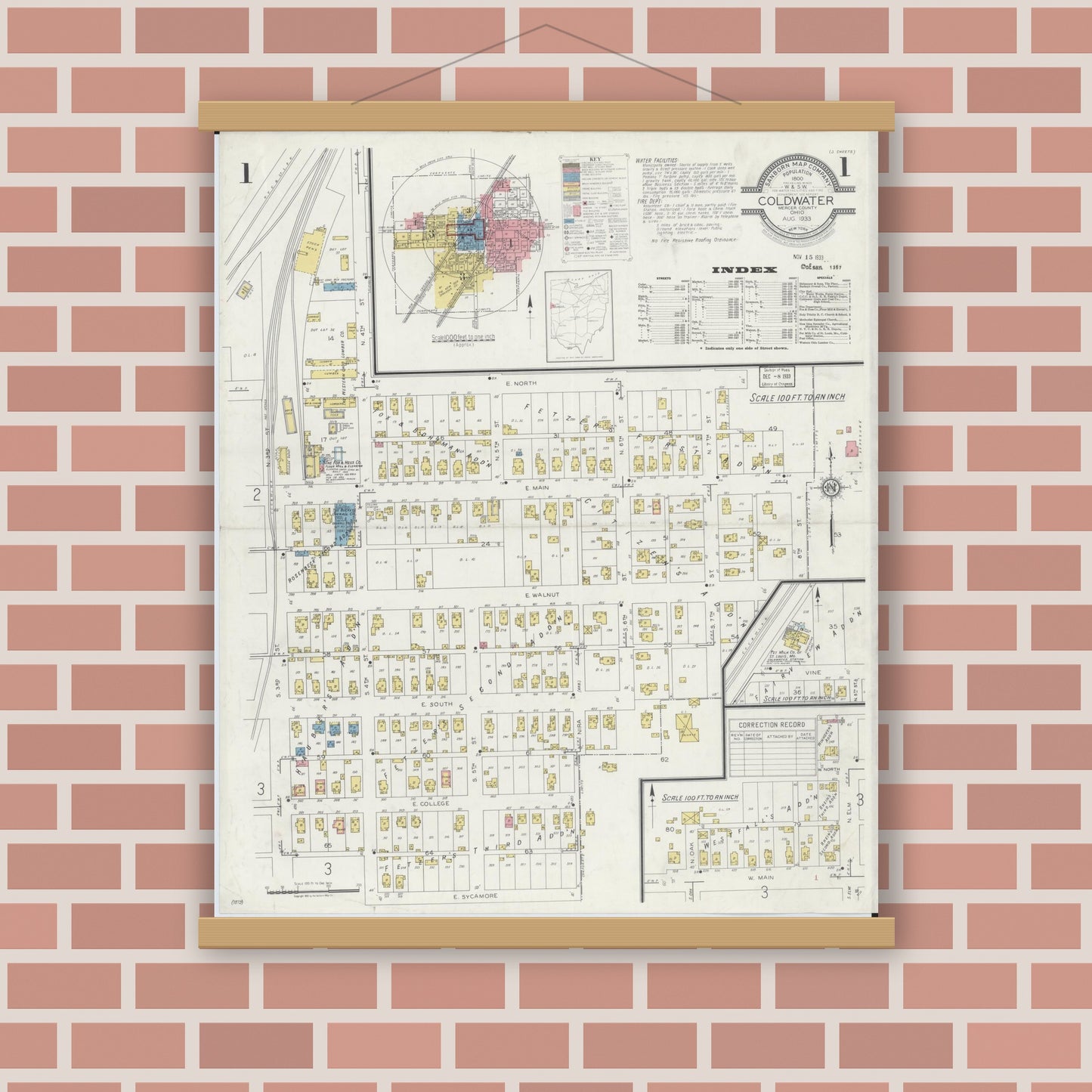 Old map wall art mockup — magnetic wood frame on brick wall — Sanborn Fire Insurance Map from Cold Water, Mercer County, Ohio (1933) - Complete Map Set