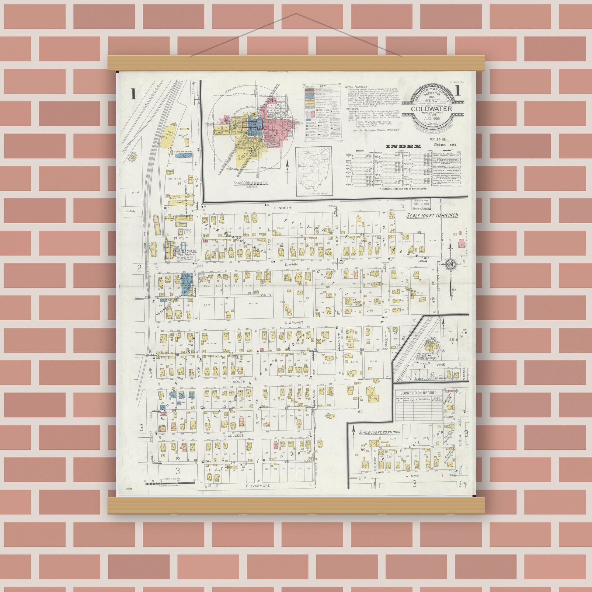 Old map wall art mockup — magnetic wood frame on brick wall — Sanborn Fire Insurance Map from Cold Water, Mercer County, Ohio (1933) - Complete Map Set