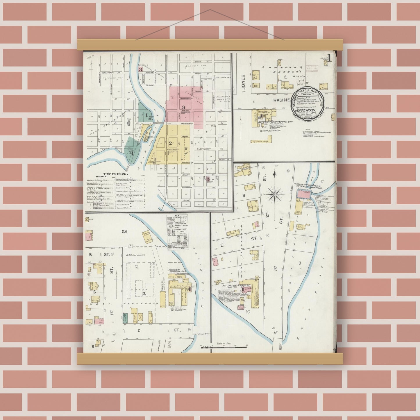 Old map wall art mockup — magnetic wood frame on brick wall — Sanborn Fire Insurance Map from Jefferson, Jefferson County, Wisconsin (1892), Sheet #0001