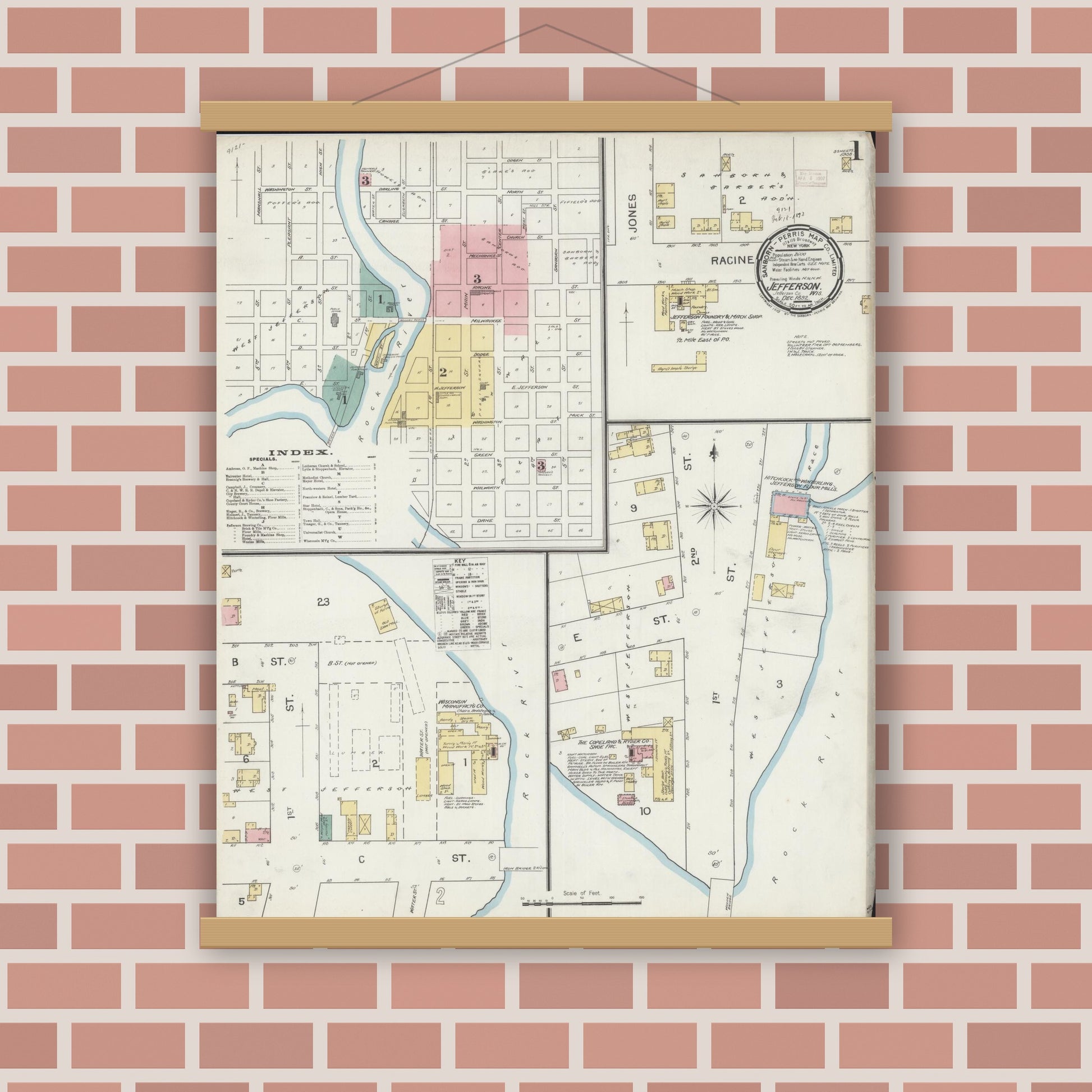 Old map wall art mockup — magnetic wood frame on brick wall — Sanborn Fire Insurance Map from Jefferson, Jefferson County, Wisconsin (1892), Sheet #0001