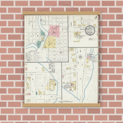 Old map wall art mockup — magnetic wood frame on brick wall — Sanborn Fire Insurance Map from Jefferson, Jefferson County, Wisconsin (1892), Sheet #0001