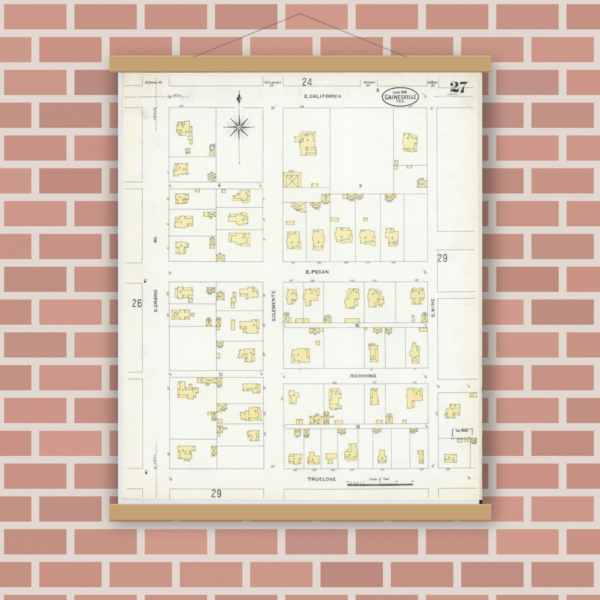 Old map wall art mockup — magnetic wood frame on brick wall — Sanborn Fire Insurance Map from Gainesville, Cooke County, Texas (1908), Sheet #0027