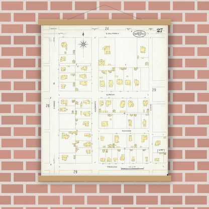 Old map wall art mockup — magnetic wood frame on brick wall — Sanborn Fire Insurance Map from Gainesville, Cooke County, Texas (1908), Sheet #0027