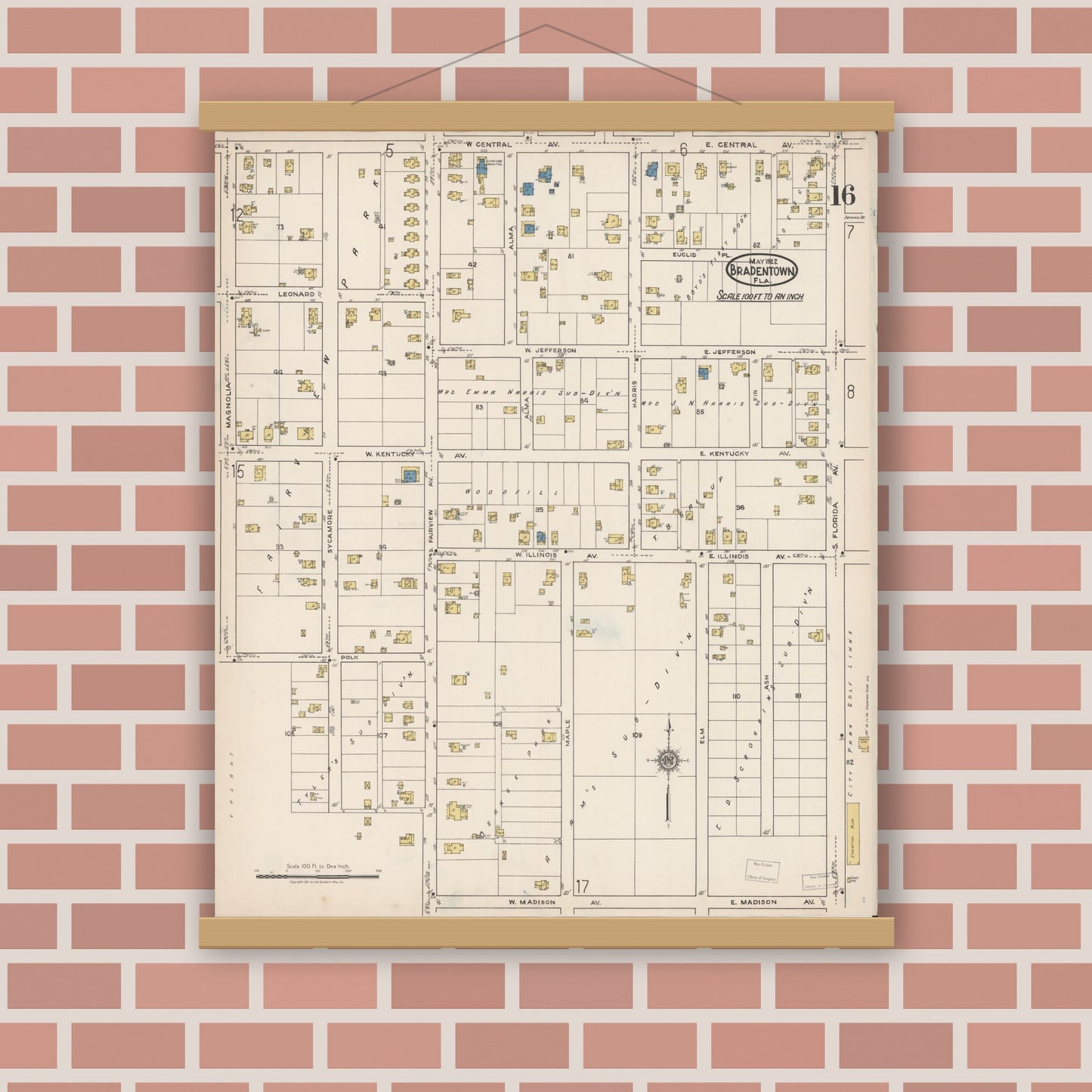 Old map wall art mockup — magnetic wood frame on brick wall — Sanborn Fire Insurance Map from Bradentown, Manatee County, Florida (1922), Sheet #0016