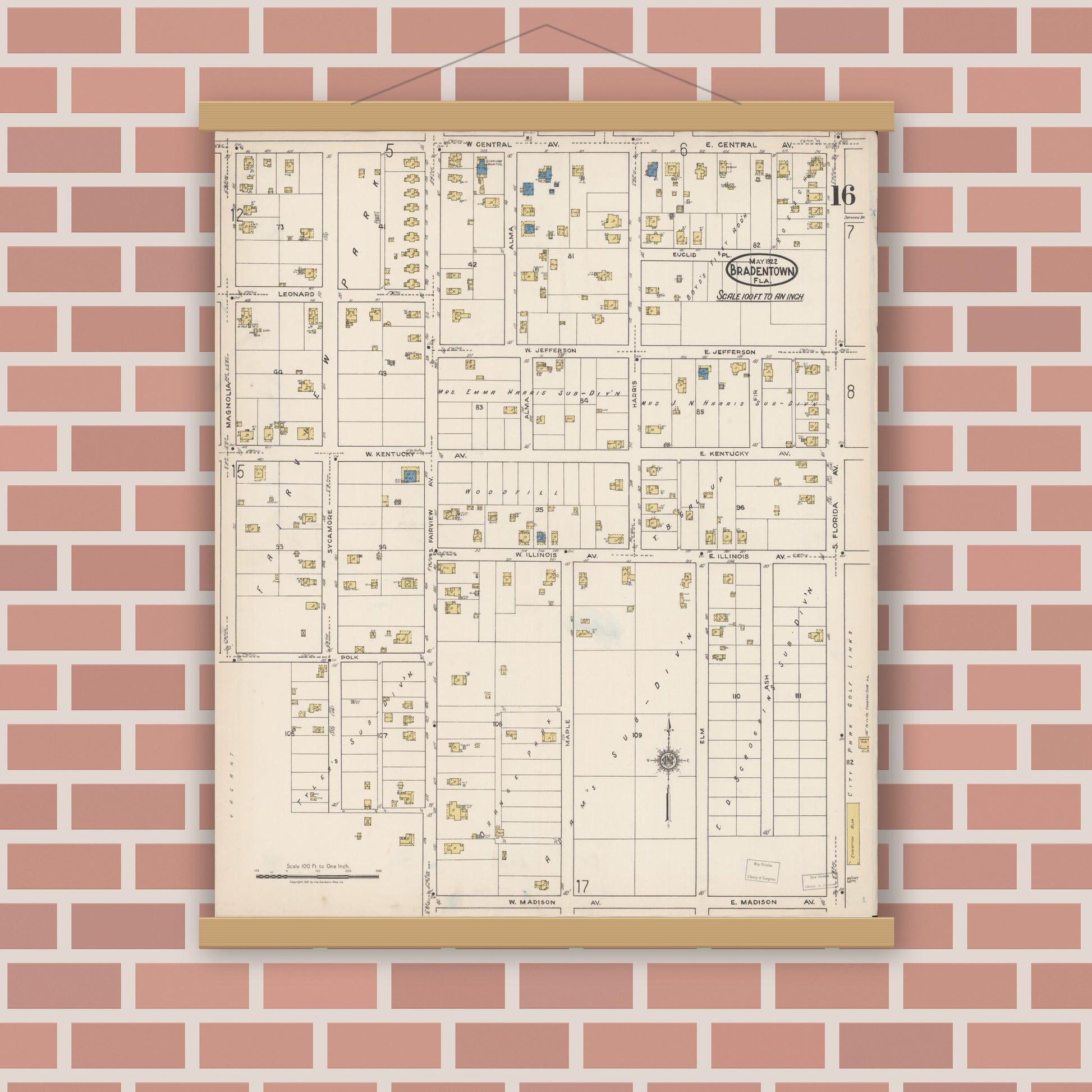 Old map wall art mockup — magnetic wood frame on brick wall — Sanborn Fire Insurance Map from Bradentown, Manatee County, Florida (1922), Sheet #0016