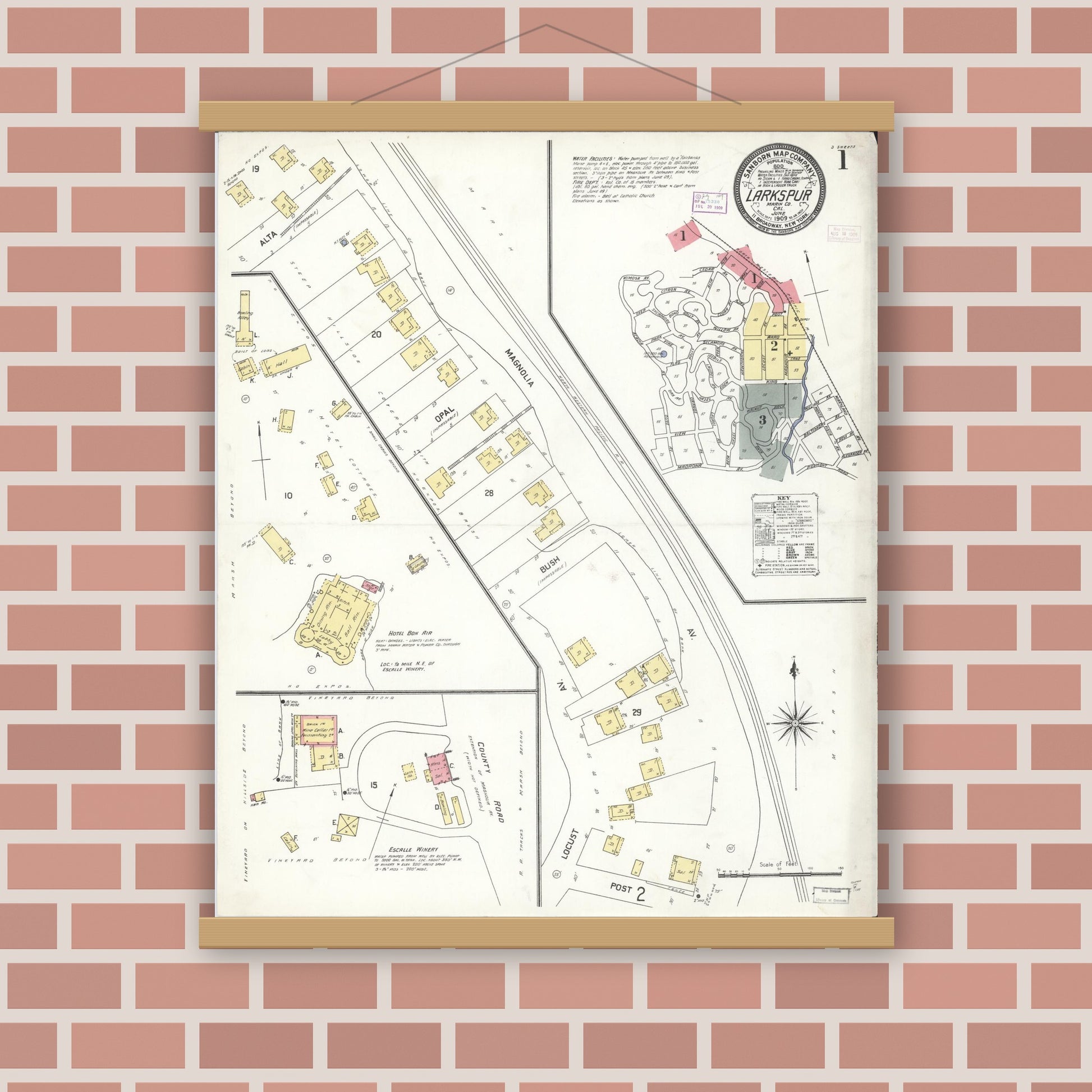 Old map wall art mockup — magnetic wood frame on brick wall — Sanborn Fire Insurance Map from Larkspur, Marin County, California (1909), Sheet #0001