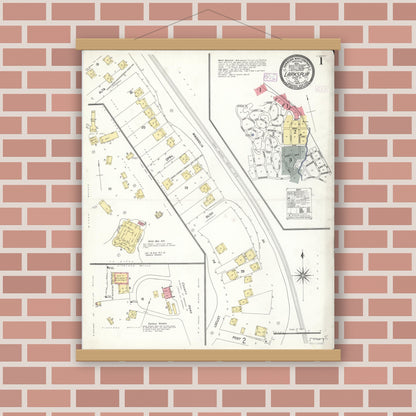Old map wall art mockup — magnetic wood frame on brick wall — Sanborn Fire Insurance Map from Larkspur, Marin County, California (1909), Sheet #0001