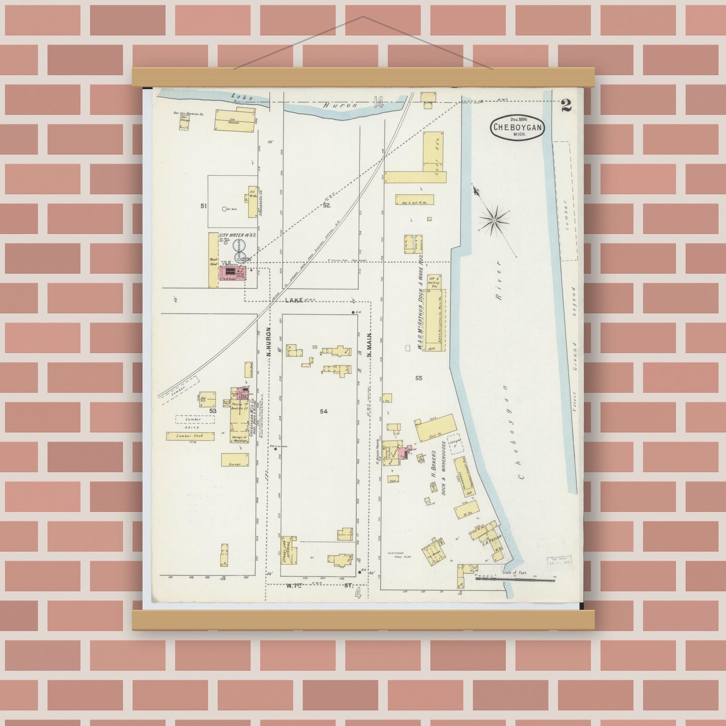 Old map wall art mockup — magnetic wood frame on brick wall — Sanborn Fire Insurance Map from Cheboygan, Cheboygan County, Michigan (1895), Sheet #0002