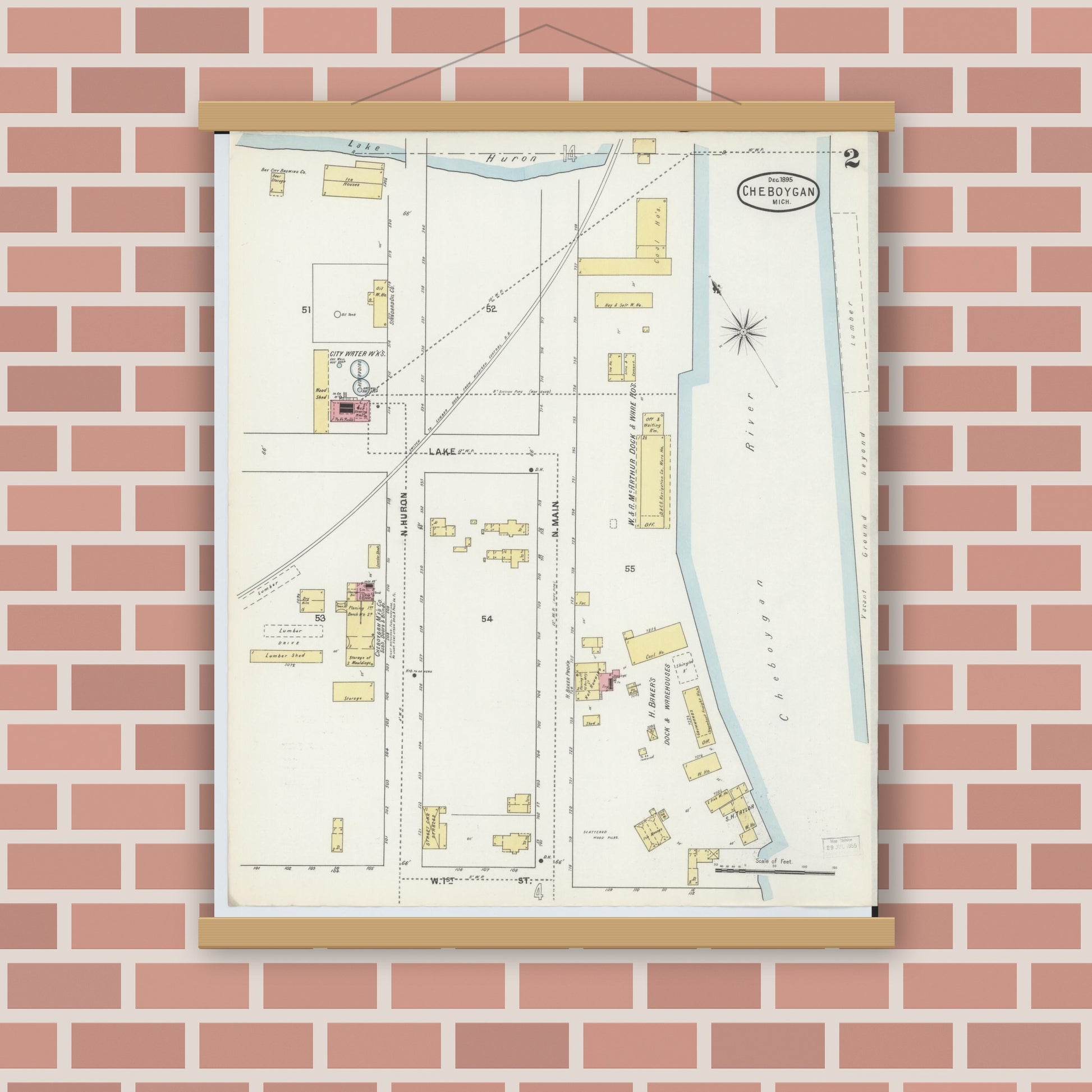 Old map wall art mockup — magnetic wood frame on brick wall — Sanborn Fire Insurance Map from Cheboygan, Cheboygan County, Michigan (1895), Sheet #0002