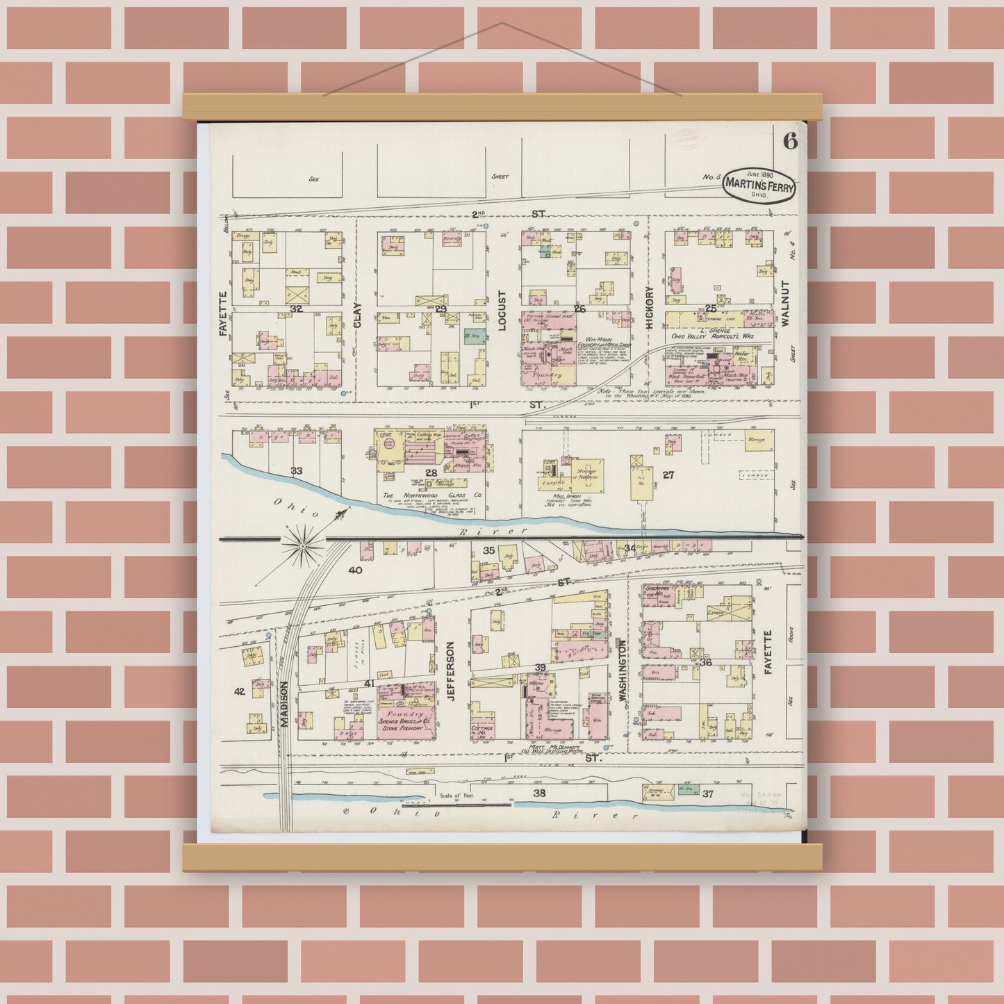 Old map wall art mockup — magnetic wood frame on brick wall — Sanborn Fire Insurance Map from Martins Ferry, Belmont County, Ohio (1890), Sheet #0006