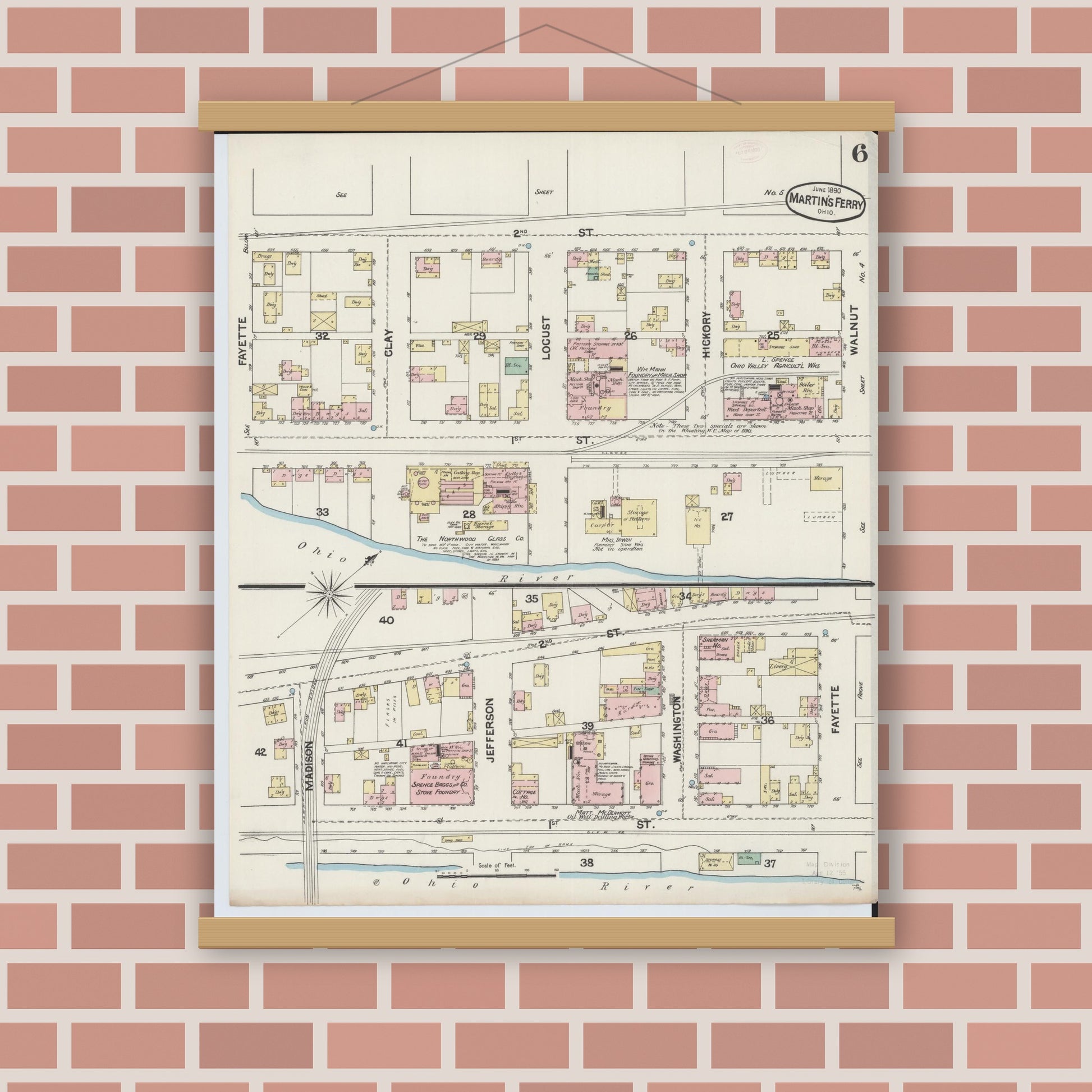 Old map wall art mockup — magnetic wood frame on brick wall — Sanborn Fire Insurance Map from Martins Ferry, Belmont County, Ohio (1890), Sheet #0006