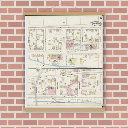 Old map wall art mockup — magnetic wood frame on brick wall — Sanborn Fire Insurance Map from Martins Ferry, Belmont County, Ohio (1890), Sheet #0006