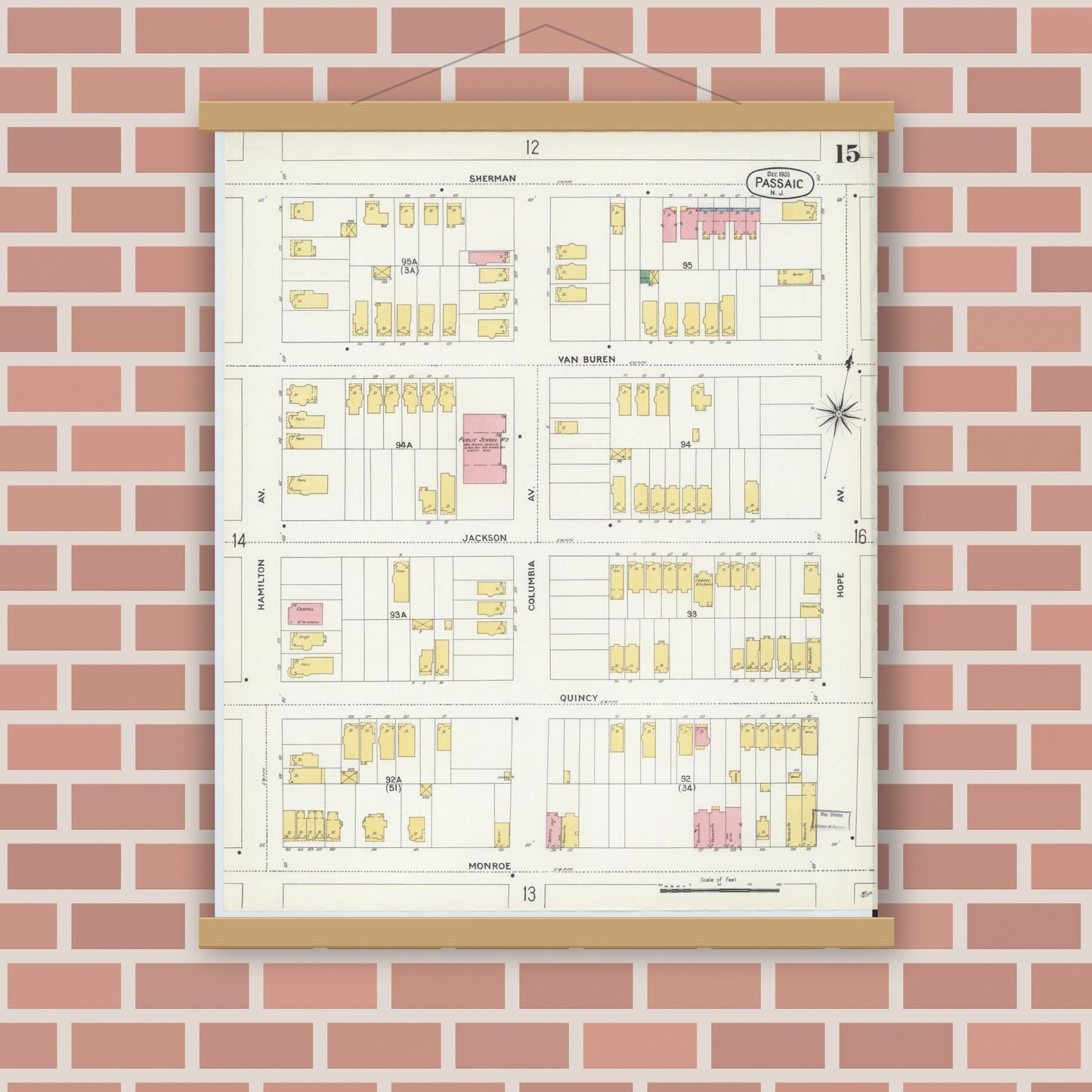 Old map wall art mockup — magnetic wood frame on brick wall — Sanborn Fire Insurance Map from Passaic, Passaic County, New Jersey (1903), Sheet #0015
