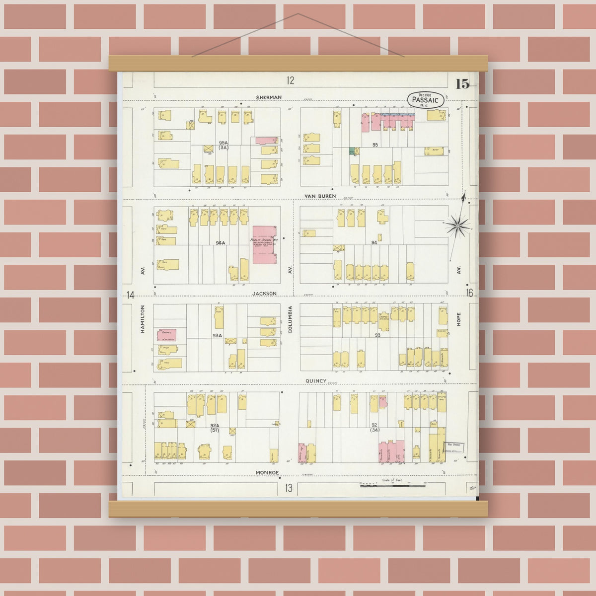 Old map wall art mockup — magnetic wood frame on brick wall — Sanborn Fire Insurance Map from Passaic, Passaic County, New Jersey (1903), Sheet #0015