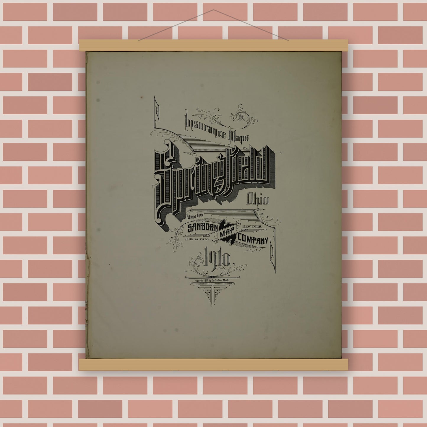 Old map wall art mockup — magnetic wood frame on brick wall — Sanborn Fire Insurance Map from Springfield, Clark County, Ohio (1910), Sheet #0001