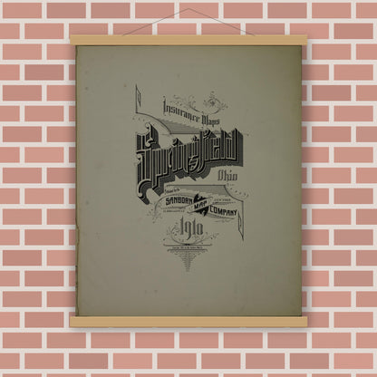 Old map wall art mockup — magnetic wood frame on brick wall — Sanborn Fire Insurance Map from Springfield, Clark County, Ohio (1910), Sheet #0001