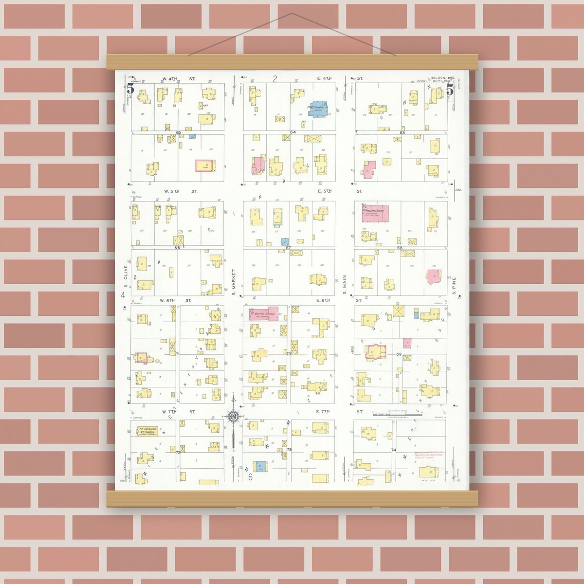 Old map wall art mockup — magnetic wood frame on brick wall — Sanborn Fire Insurance Map from Holden, Johnson County, Missouri (1931), Sheet #0005