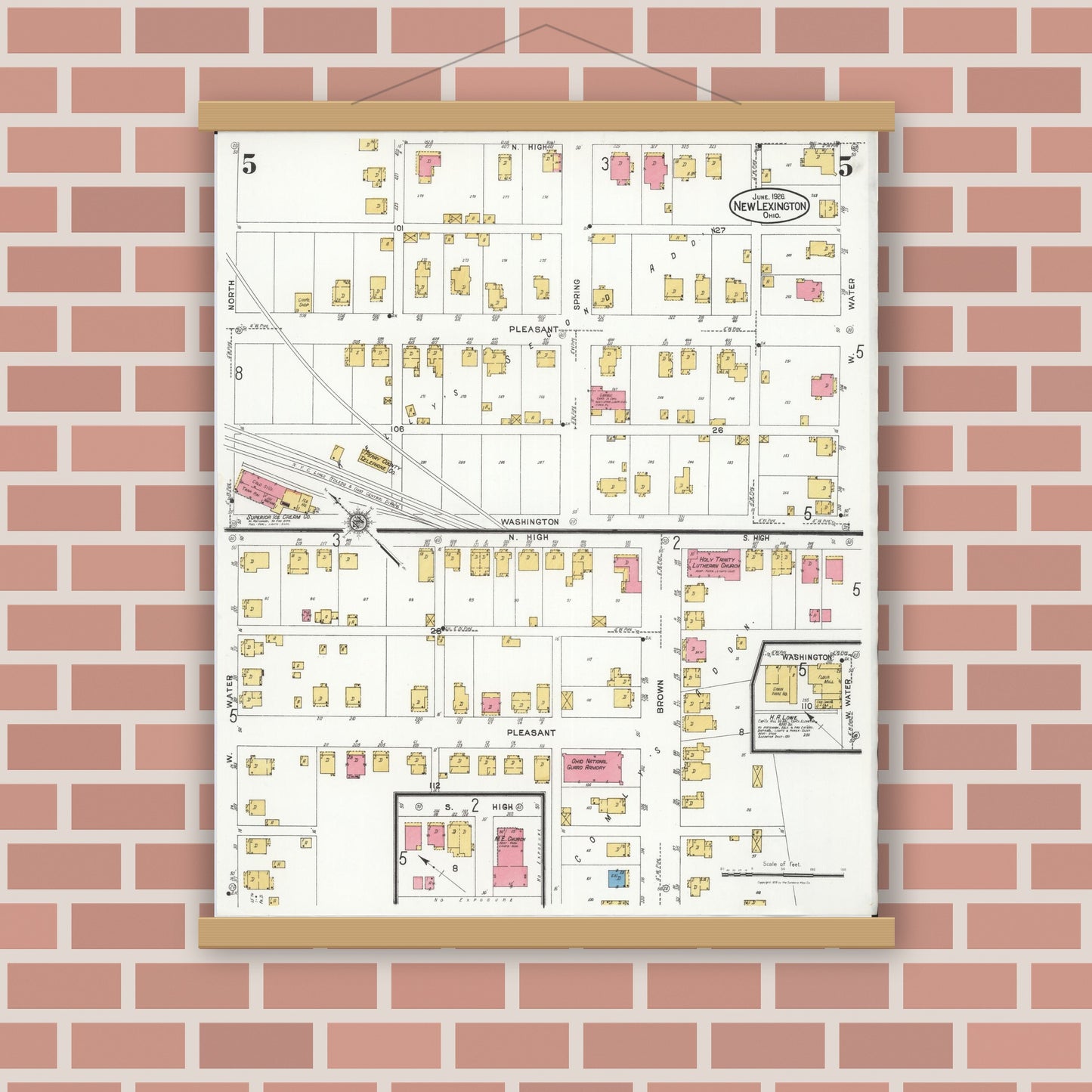 Old map wall art mockup — magnetic wood frame on brick wall — Sanborn Fire Insurance Map from New Lexington, Perry County, Ohio (1926), Sheet #0005