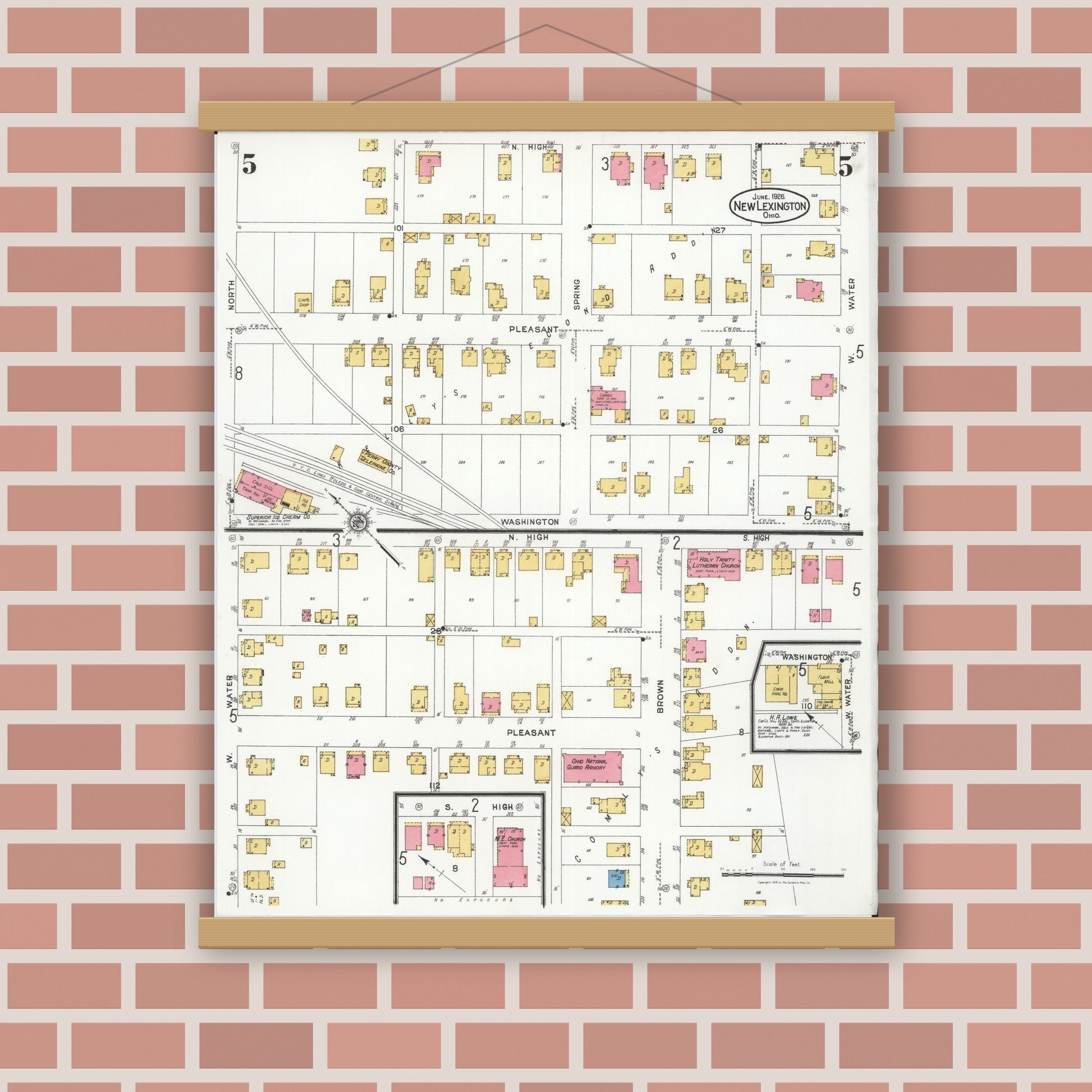 Old map wall art mockup — magnetic wood frame on brick wall — Sanborn Fire Insurance Map from New Lexington, Perry County, Ohio (1926), Sheet #0005
