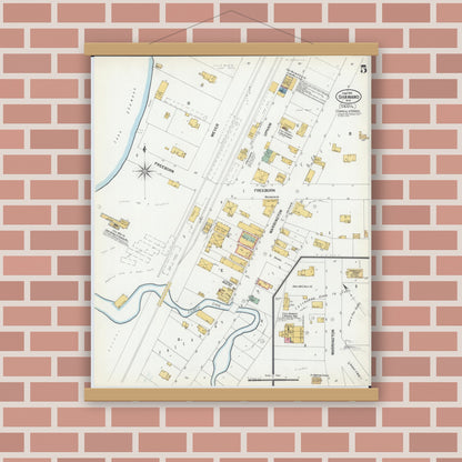Old map wall art mockup — magnetic wood frame on brick wall — Sanborn Fire Insurance Map from Shawano, Shawano County, Wisconsin (1901), Sheet #0005