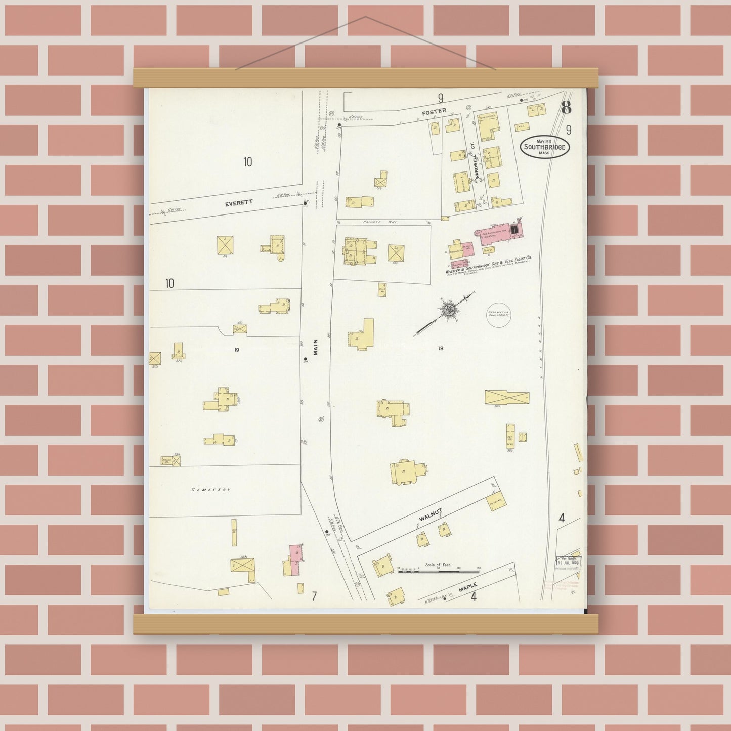 Old map wall art mockup — magnetic wood frame on brick wall — Sanborn Fire Insurance Map from Southbridge, Worcester County, Massachusetts (1911), Sheet #0008