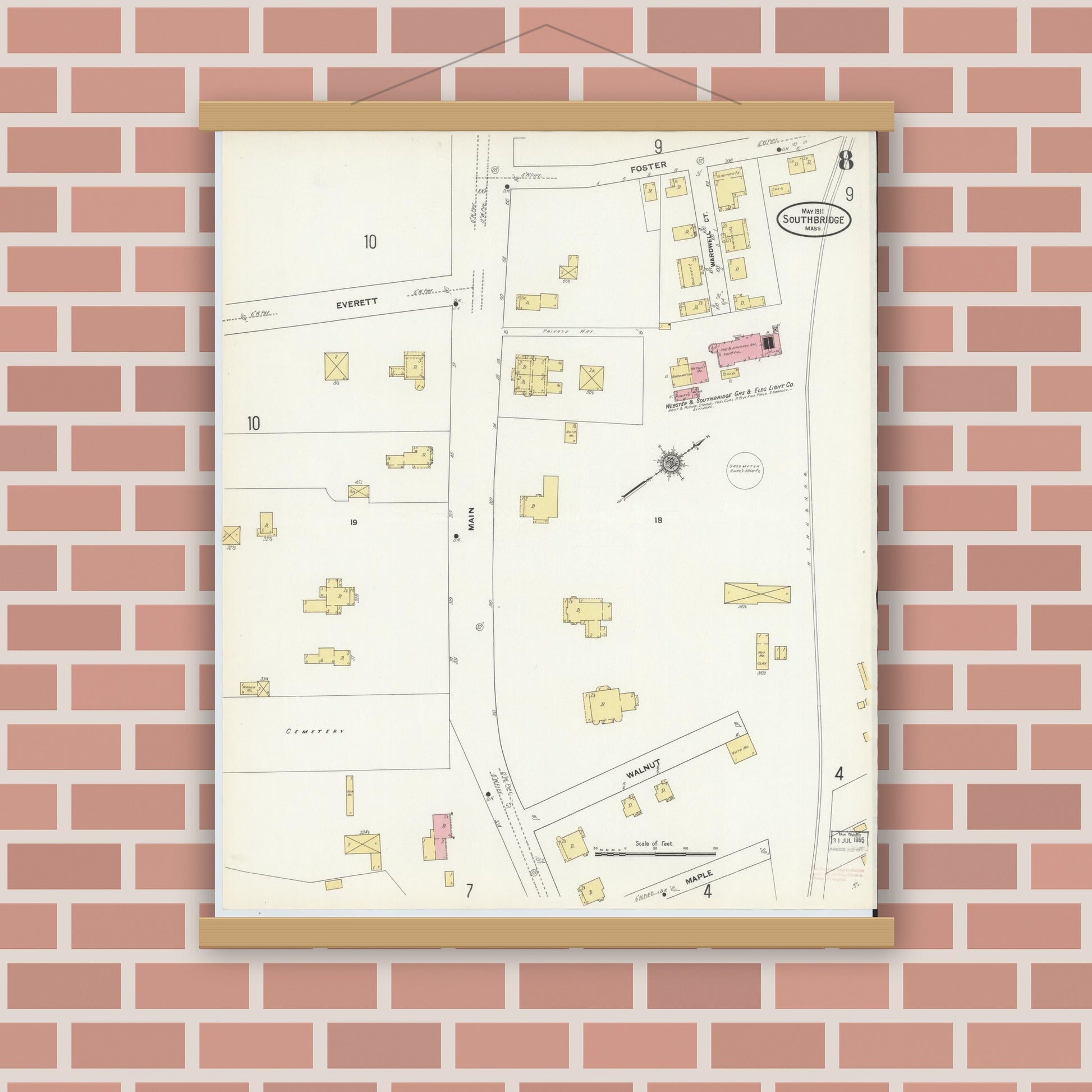 Old map wall art mockup — magnetic wood frame on brick wall — Sanborn Fire Insurance Map from Southbridge, Worcester County, Massachusetts (1911), Sheet #0008