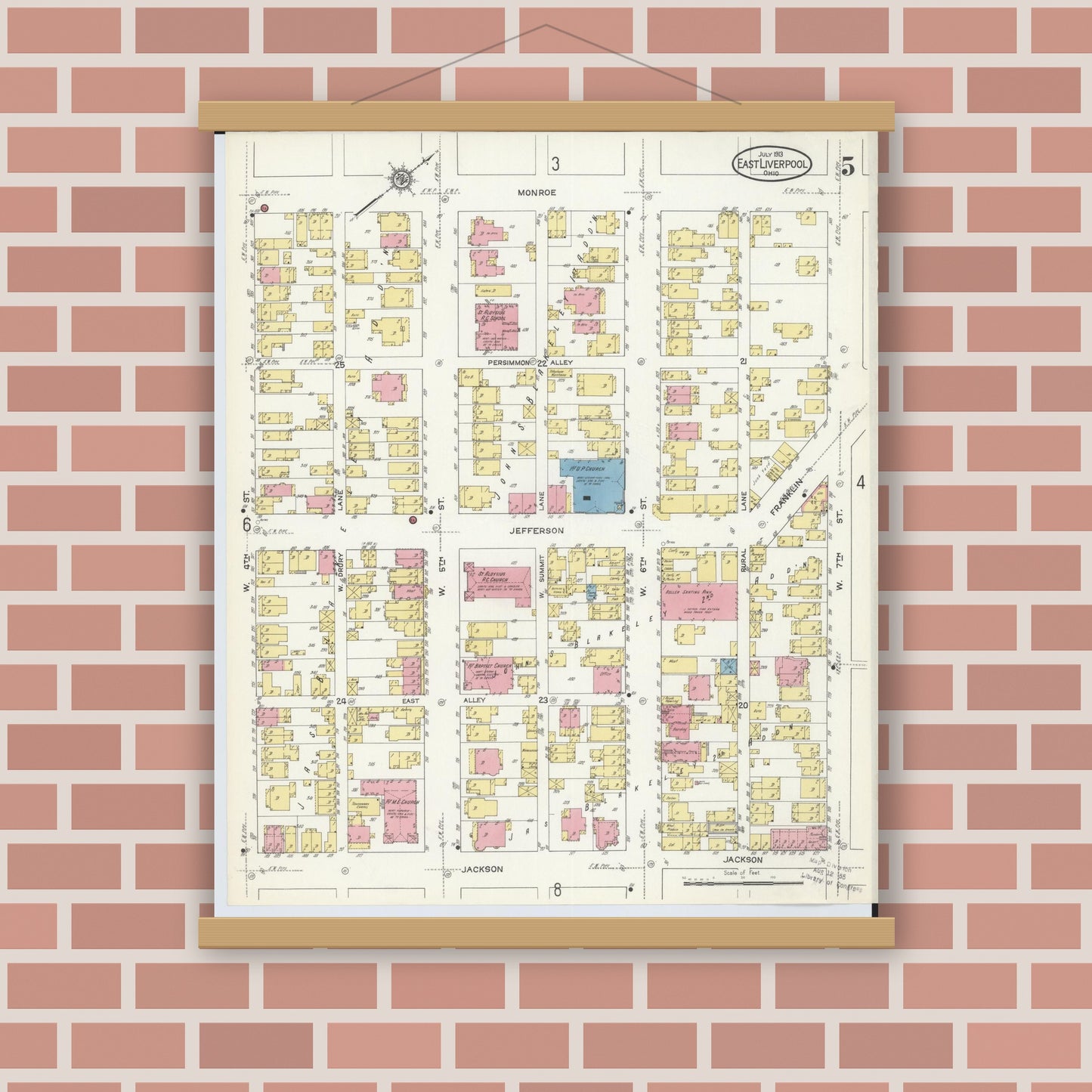 Old map wall art mockup — magnetic wood frame on brick wall — Sanborn Fire Insurance Map from East Liverpool, Columbiana County, Ohio (1913), Sheet #0005
