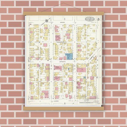 Old map wall art mockup — magnetic wood frame on brick wall — Sanborn Fire Insurance Map from East Liverpool, Columbiana County, Ohio (1913), Sheet #0005