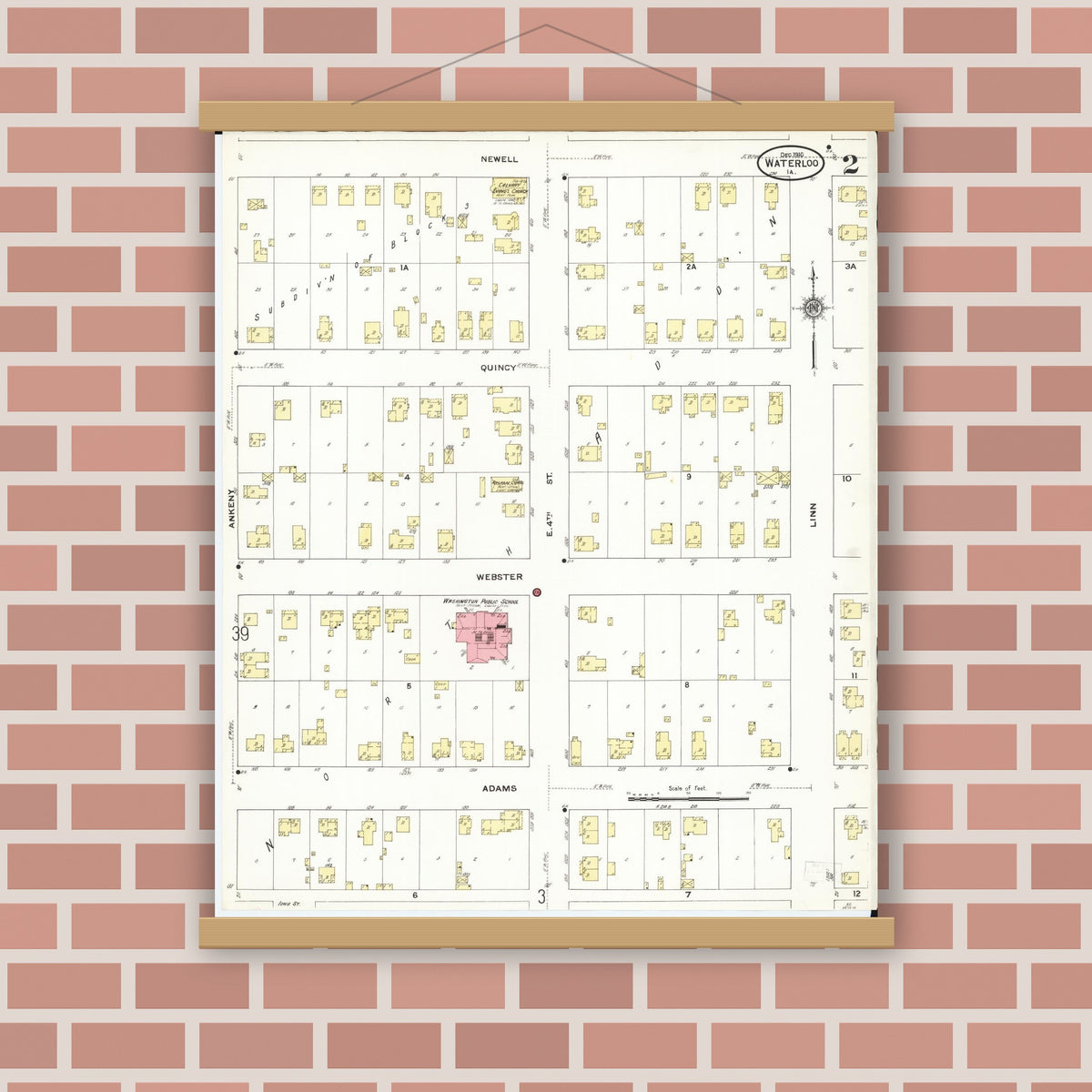Old map wall art mockup — magnetic wood frame on brick wall — Sanborn Fire Insurance Map from Waterloo, Black Hawk County, Iowa (1910), Sheet #0002