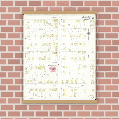 Old map wall art mockup — magnetic wood frame on brick wall — Sanborn Fire Insurance Map from Waterloo, Black Hawk County, Iowa (1910), Sheet #0002