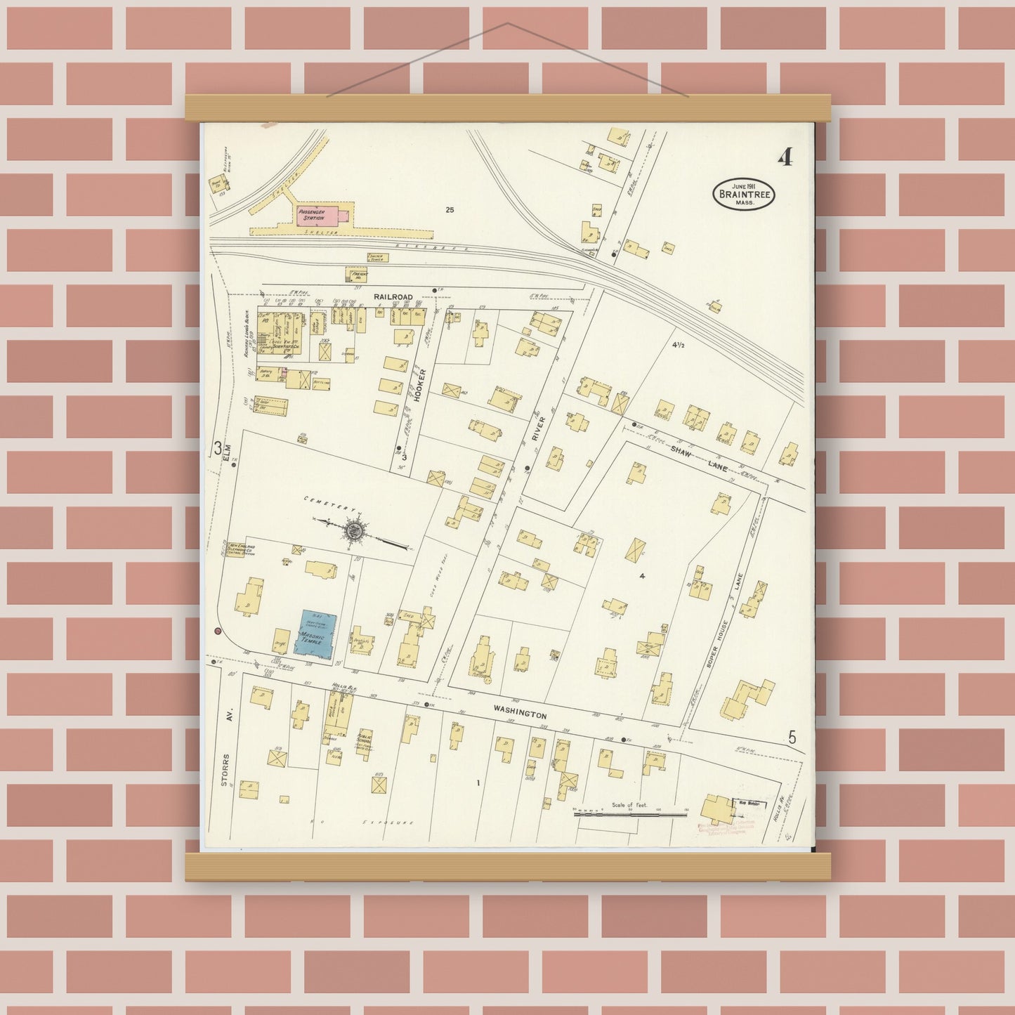 Old map wall art mockup — magnetic wood frame on brick wall — Sanborn Fire Insurance Map from Braintree, Norfolk County, Massachusetts (1911), Sheet #0004