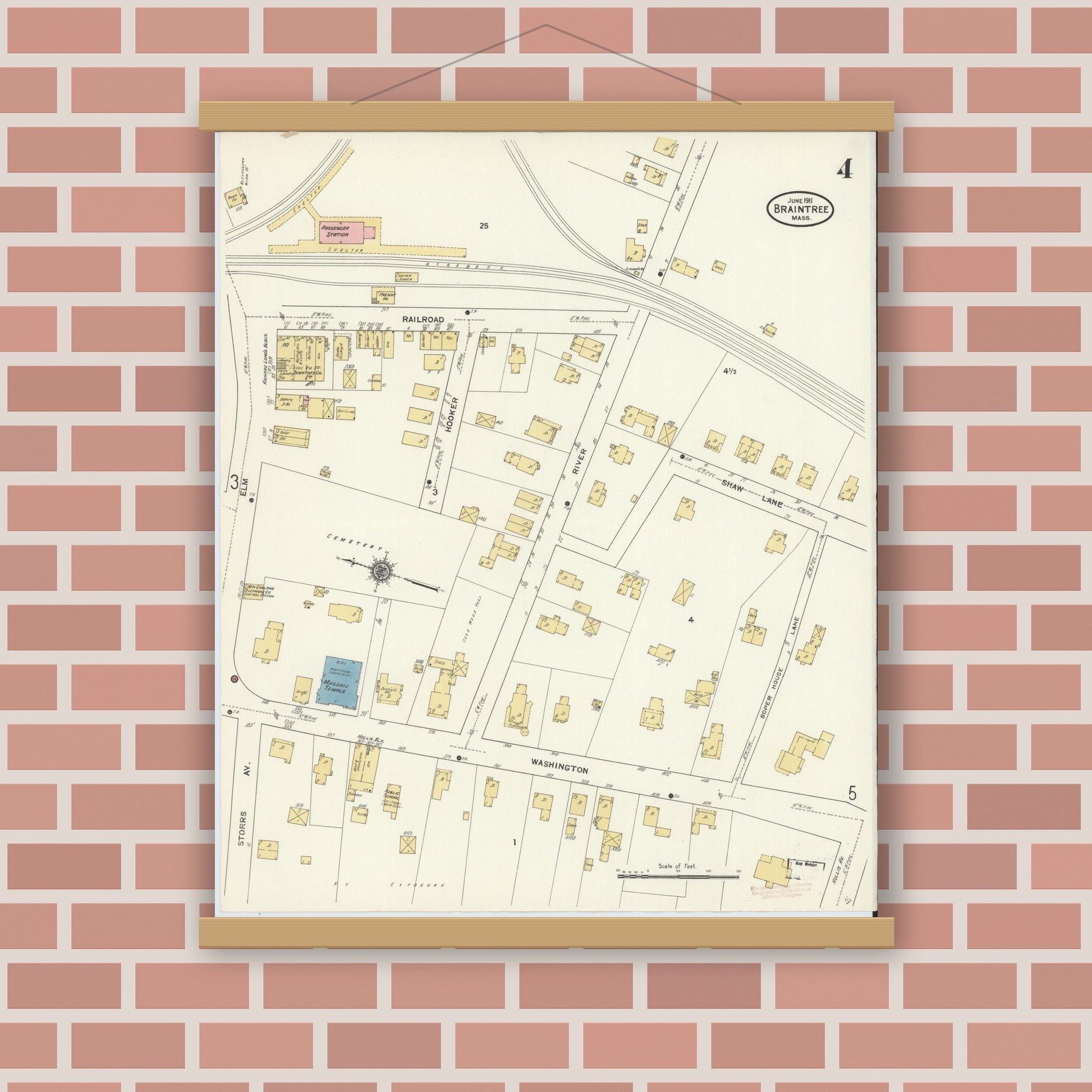 Old map wall art mockup — magnetic wood frame on brick wall — Sanborn Fire Insurance Map from Braintree, Norfolk County, Massachusetts (1911), Sheet #0004