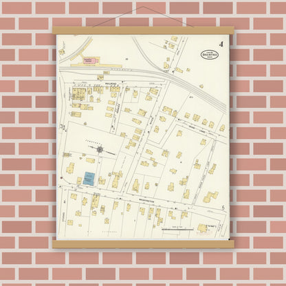 Old map wall art mockup — magnetic wood frame on brick wall — Sanborn Fire Insurance Map from Braintree, Norfolk County, Massachusetts (1911), Sheet #0004