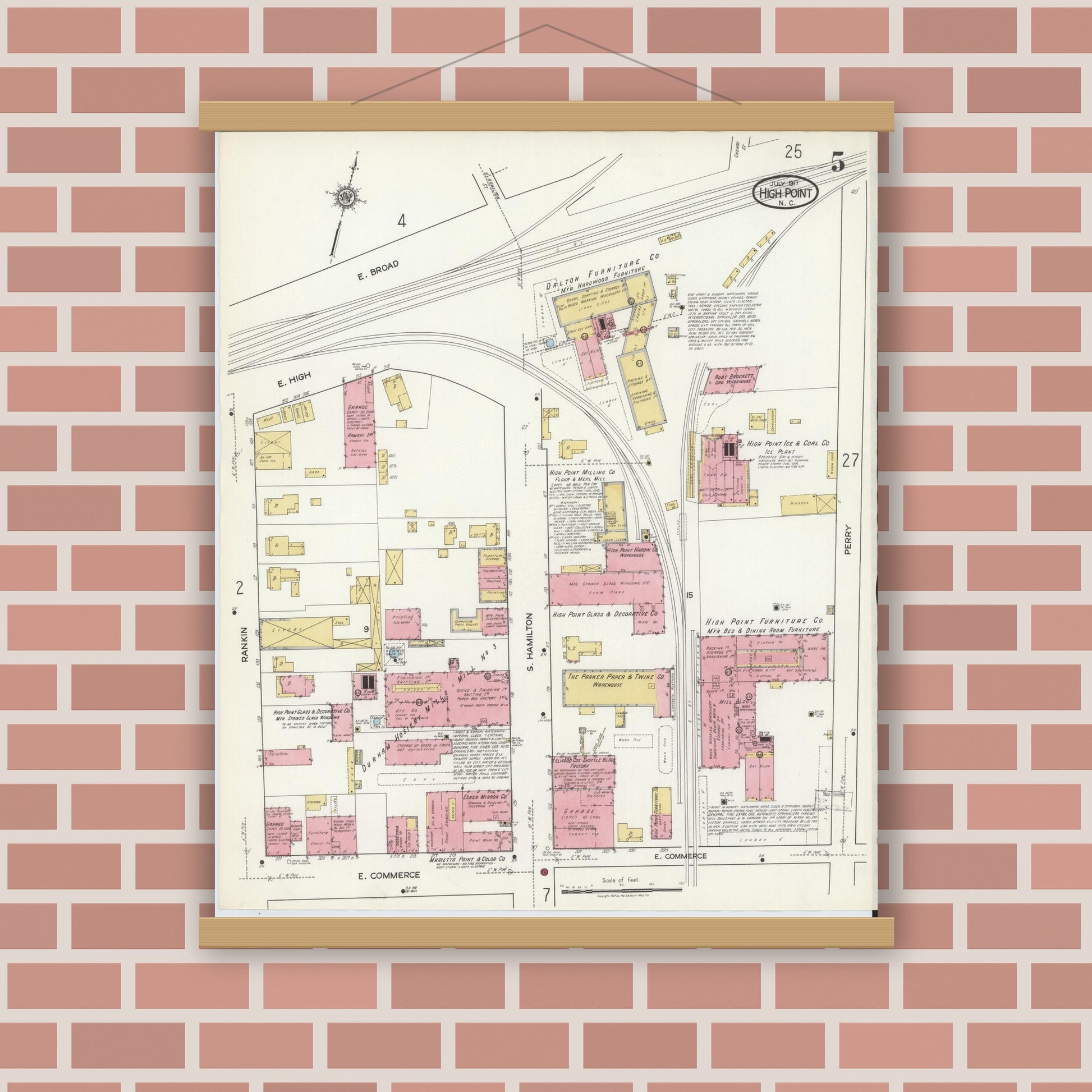Old map wall art mockup — magnetic wood frame on brick wall — Sanborn Fire Insurance Map from High Point, Guilford County, North Carolina (1917), Sheet #0005