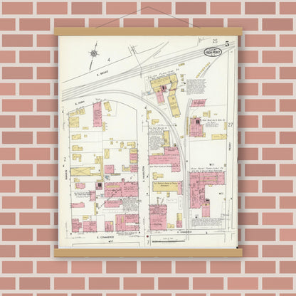 Old map wall art mockup — magnetic wood frame on brick wall — Sanborn Fire Insurance Map from High Point, Guilford County, North Carolina (1917), Sheet #0005