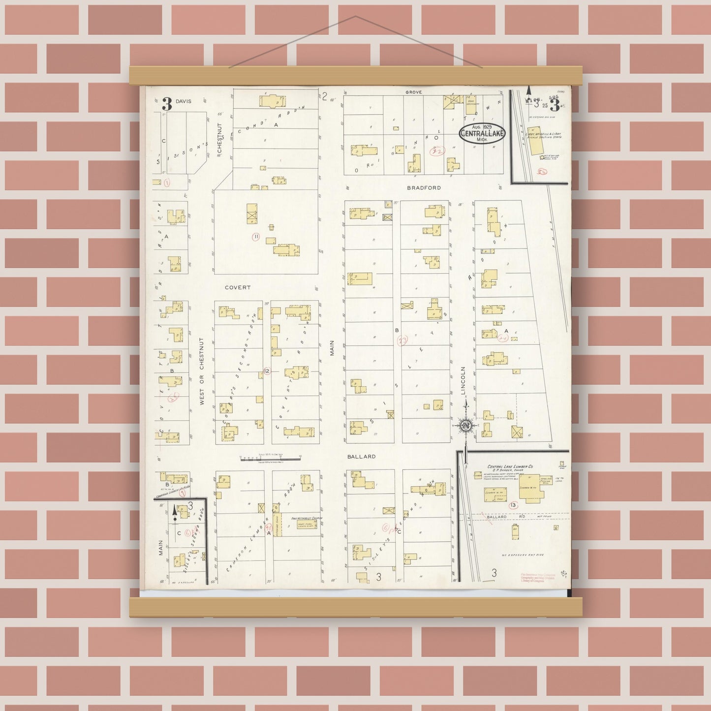 Old map wall art mockup — magnetic wood frame on brick wall — Sanborn Fire Insurance Map from Central Lake, Antrim County, Michigan (1929), Sheet #0003