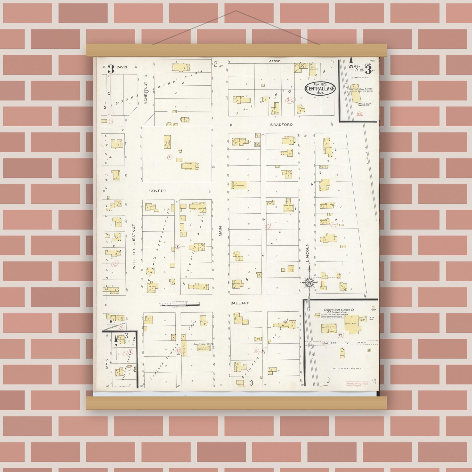 Old map wall art mockup — magnetic wood frame on brick wall — Sanborn Fire Insurance Map from Central Lake, Antrim County, Michigan (1929), Sheet #0003