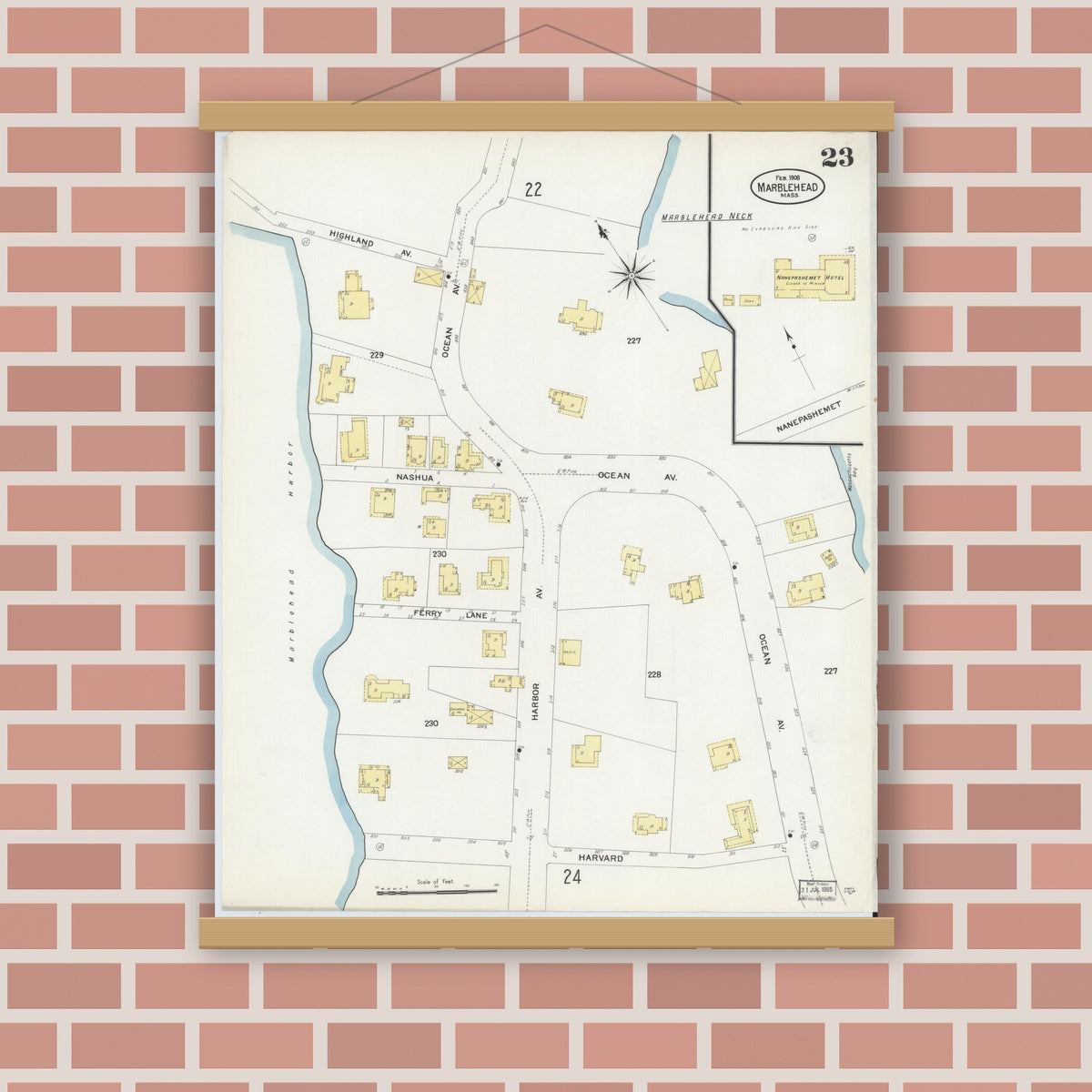 Old map wall art mockup — magnetic wood frame on brick wall — Sanborn Fire Insurance Map from Marblehead, Essex County, Massachusetts (1908), Sheet #0023