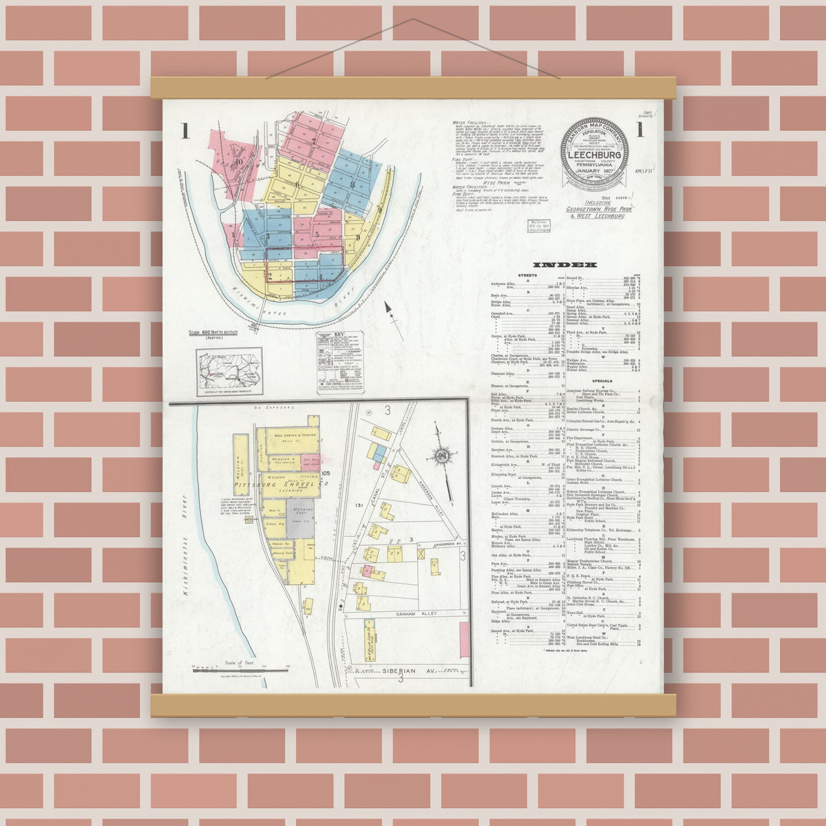 Old map wall art mockup — magnetic wood frame on brick wall — Sanborn Fire Insurance Map from Leechburg, Armstrong County, Pennsylvania (1927), Sheet #0001
