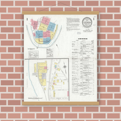 Old map wall art mockup — magnetic wood frame on brick wall — Sanborn Fire Insurance Map from Leechburg, Armstrong County, Pennsylvania (1927), Sheet #0001