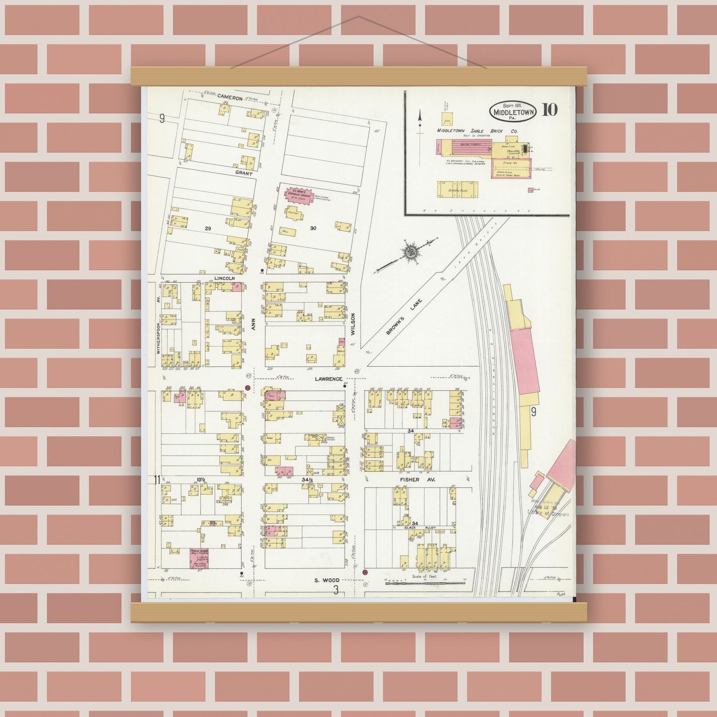 Old map wall art mockup — magnetic wood frame on brick wall — Sanborn Fire Insurance Map from Middletown, Dauphin County, Pennsylvania (1911), Sheet #0010