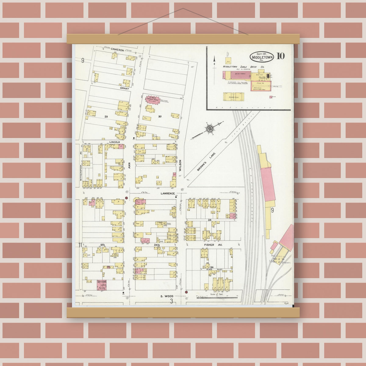 Old map wall art mockup — magnetic wood frame on brick wall — Sanborn Fire Insurance Map from Middletown, Dauphin County, Pennsylvania (1911), Sheet #0010