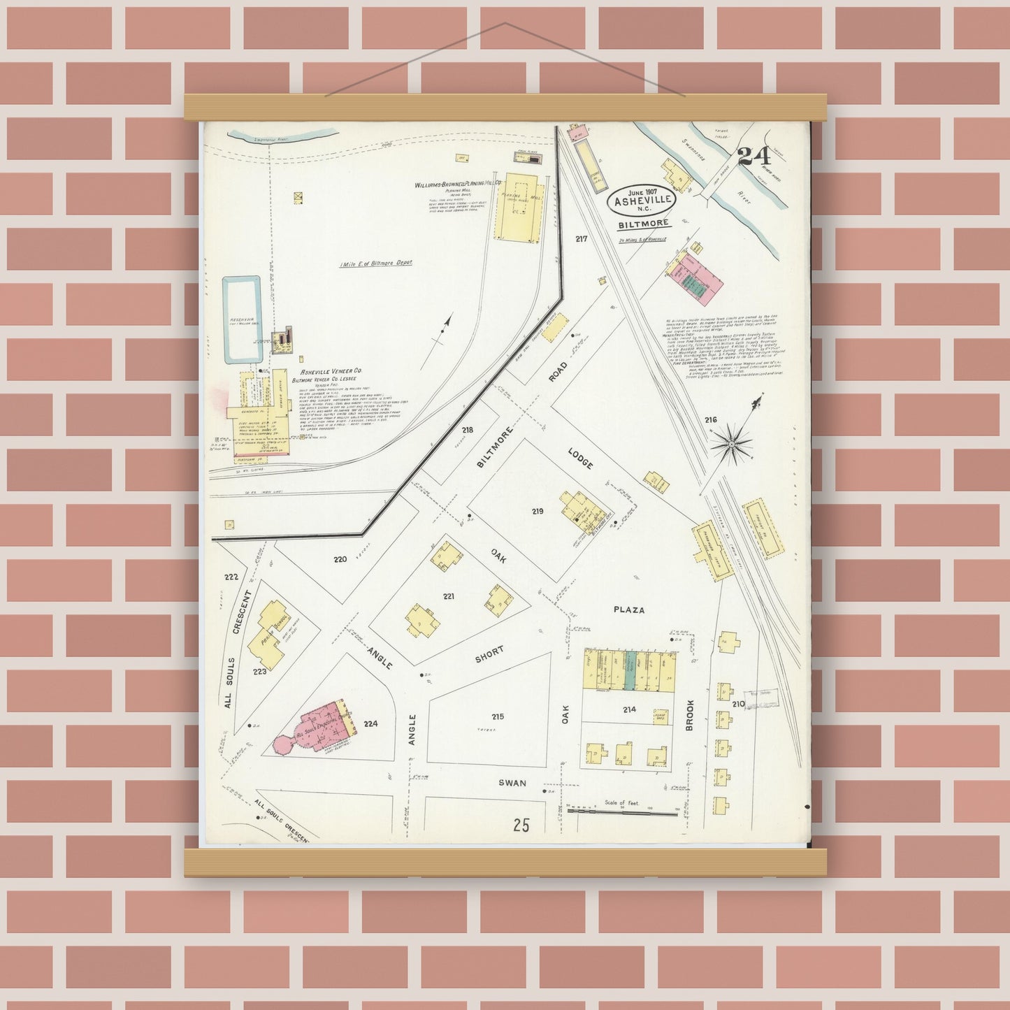 Old map wall art mockup — magnetic wood frame on brick wall — Sanborn Fire Insurance Map from Asheville, Buncombe County, North Carolina (1907), Sheet #0024