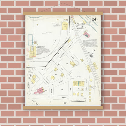 Old map wall art mockup — magnetic wood frame on brick wall — Sanborn Fire Insurance Map from Asheville, Buncombe County, North Carolina (1907), Sheet #0024