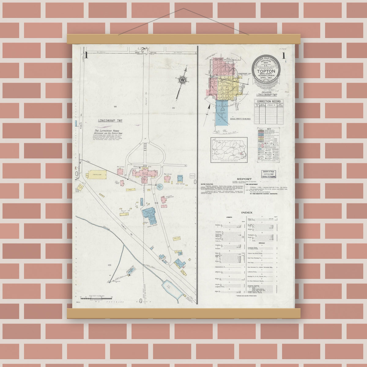 Old map wall art mockup — magnetic wood frame on brick wall — Sanborn Fire Insurance Map from Topton, Berks County, Pennsylvania (1947), Sheet #0001