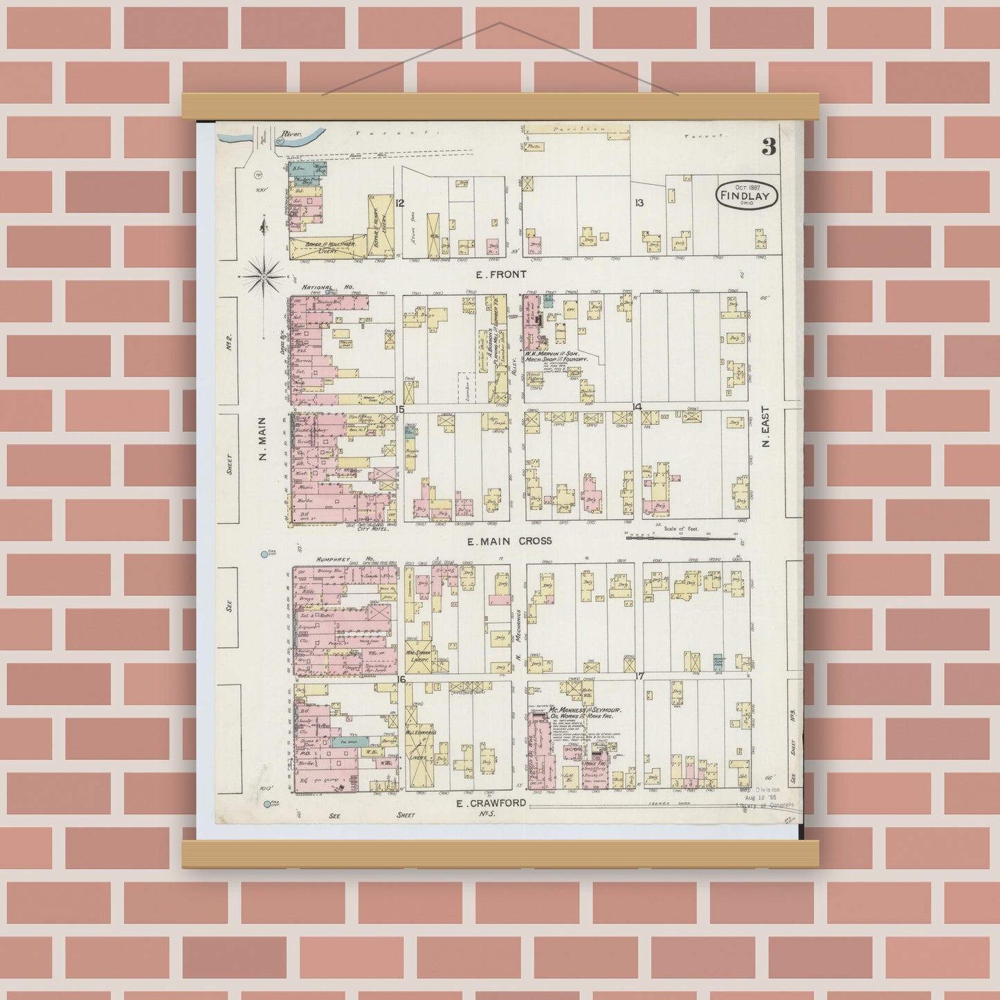 Old map wall art mockup — magnetic wood frame on brick wall — Sanborn Fire Insurance Map from Findlay, Hancock County, Ohio (1887), Sheet #0003