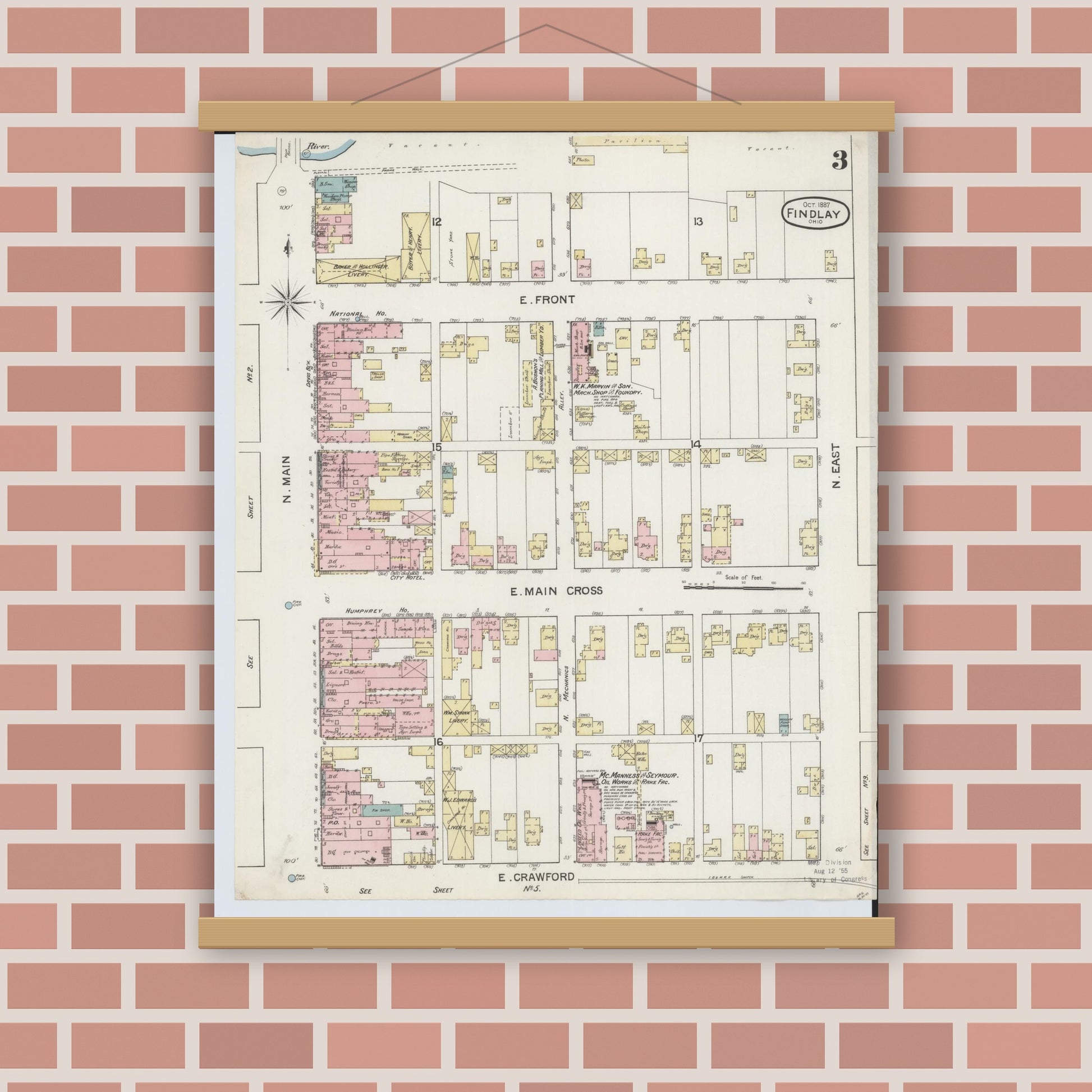 Old map wall art mockup — magnetic wood frame on brick wall — Sanborn Fire Insurance Map from Findlay, Hancock County, Ohio (1887), Sheet #0003