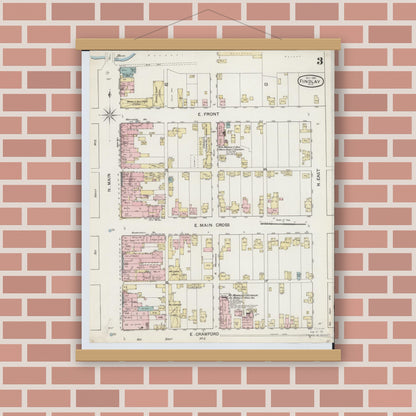 Old map wall art mockup — magnetic wood frame on brick wall — Sanborn Fire Insurance Map from Findlay, Hancock County, Ohio (1887), Sheet #0003