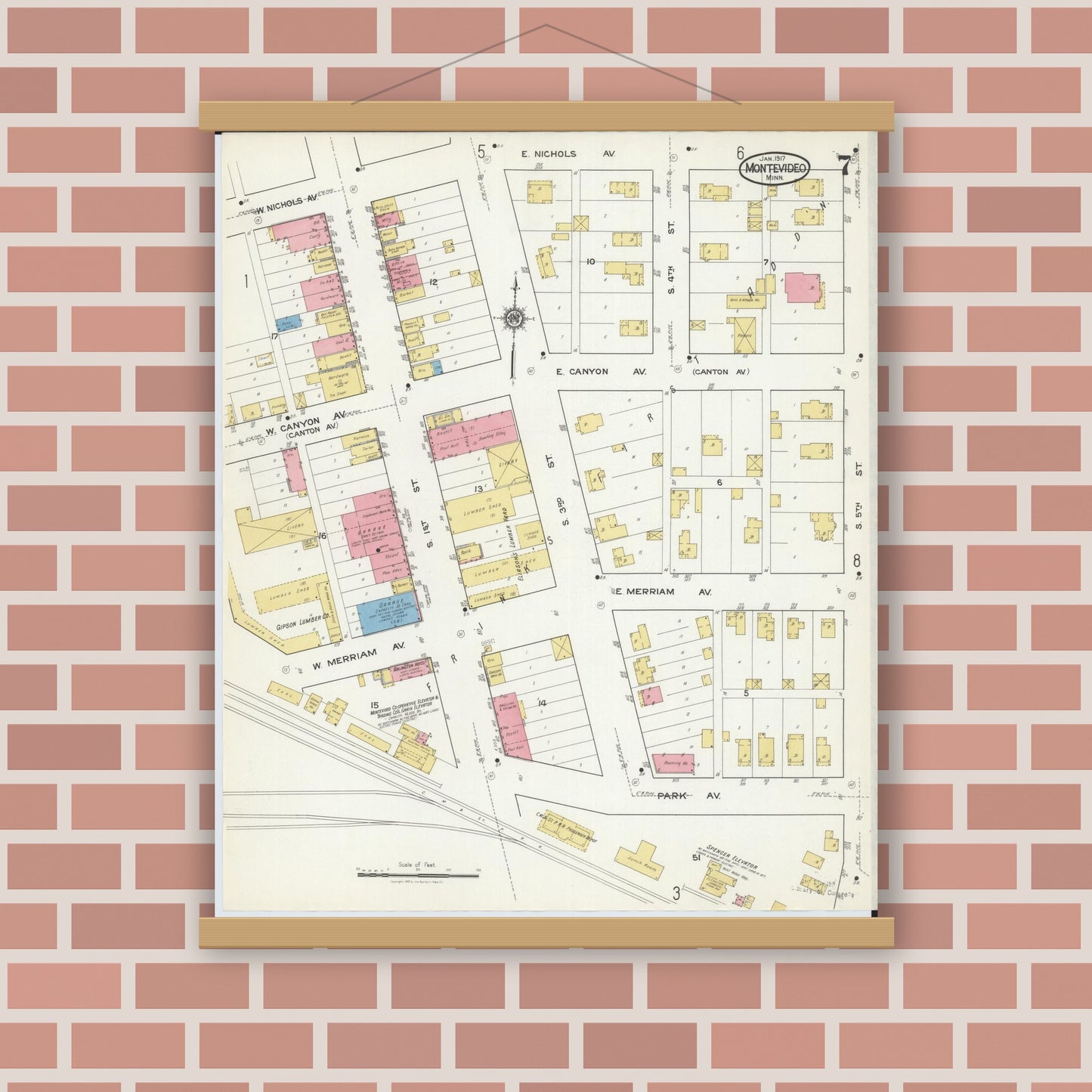 Old map wall art mockup — magnetic wood frame on brick wall — Sanborn Fire Insurance Map from Montevideo, Chippewa County, Minnesota (1917), Sheet #0007