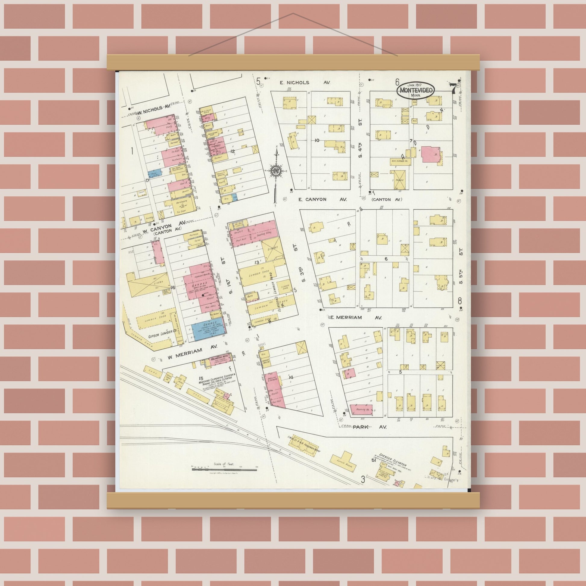 Old map wall art mockup — magnetic wood frame on brick wall — Sanborn Fire Insurance Map from Montevideo, Chippewa County, Minnesota (1917), Sheet #0007